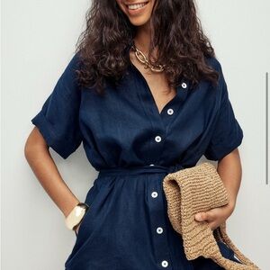 J. Crew Capitaine Shirtdress Linen Short Sleeve Button Front Belted Navy NWT L